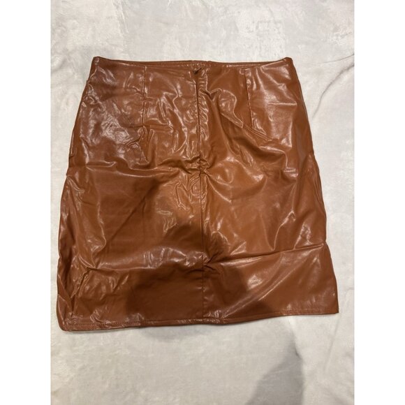Women's M Brown Bodycon Mid Rise Faux Leather Short Wrap Ruched Skirt Tulip Hem - Picture 4 of 7